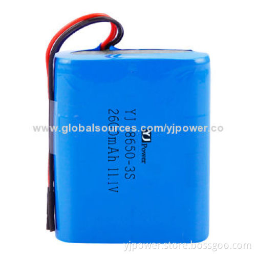 11.1V 2,600mAh 18650 Battery Pack, 18.5 x 54.6 x 67mm, 500 Times Cycle Lifespan
